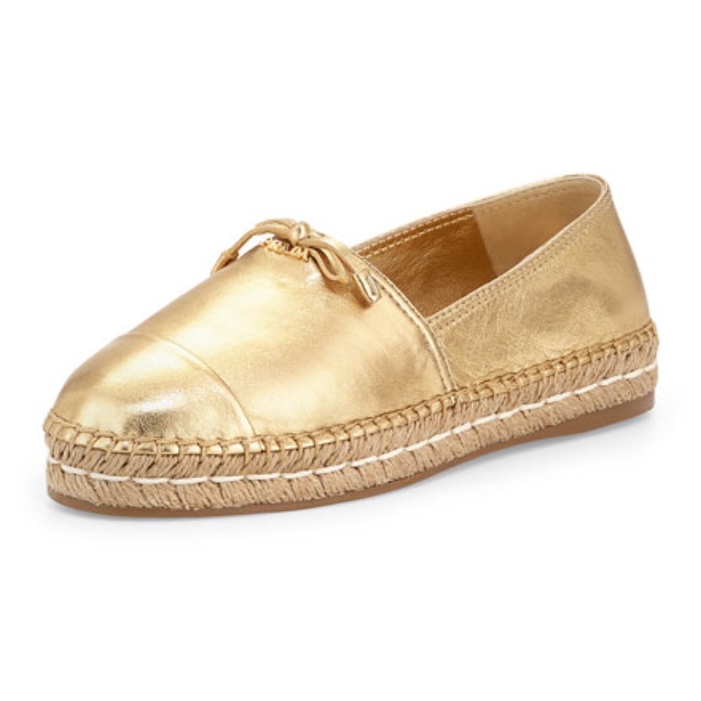 NWOT Prada Gold Metallic Leather Cap-Toe Flat Espadrille